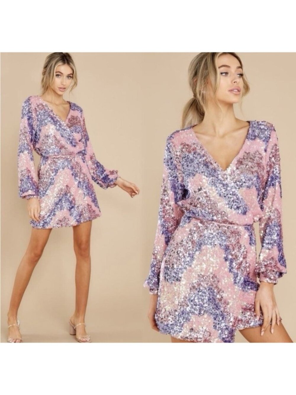 Storia Multi Colored Sequins Wrap Mini Dress Party Holiday S